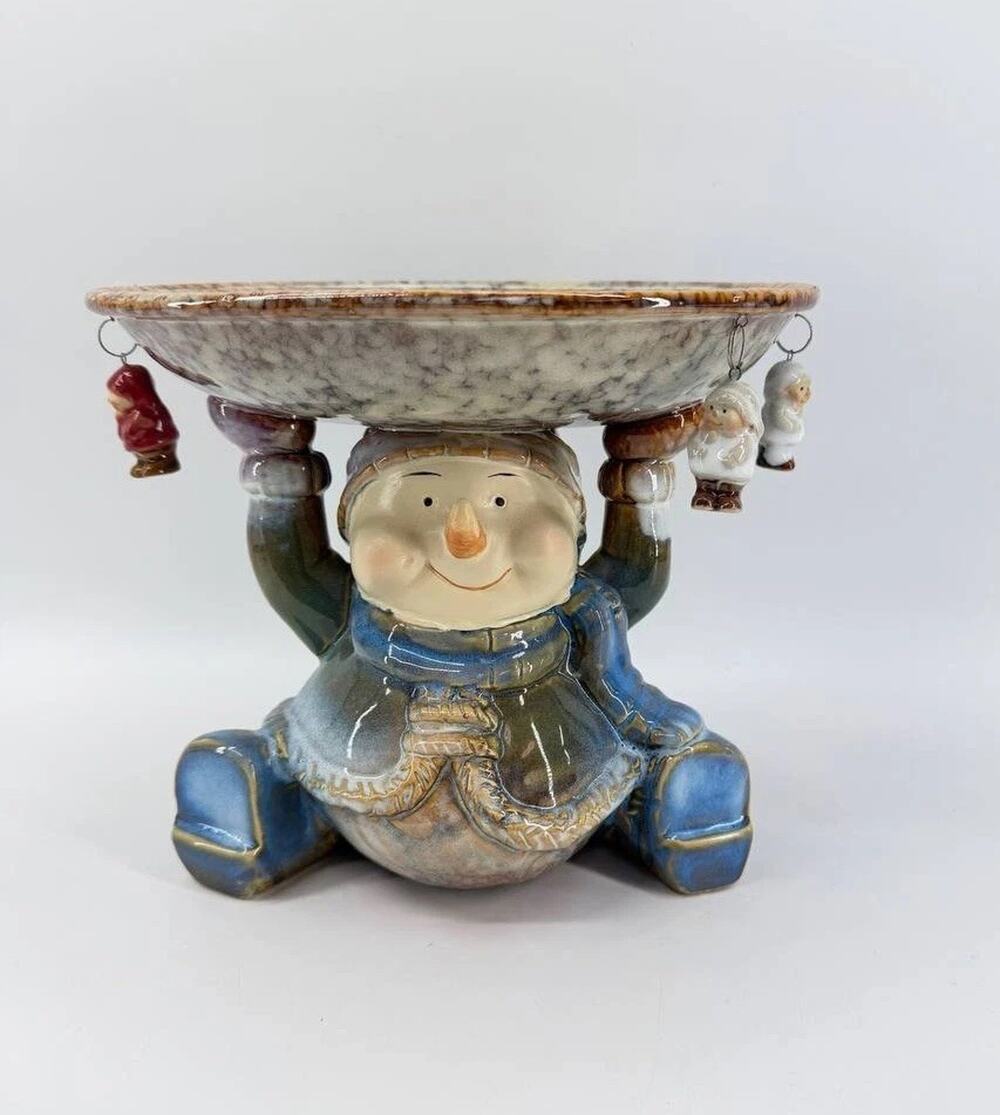 Christmas Ceramic Snowman Pedestal Candy Serving Bowl Ornaments 4.90 lb